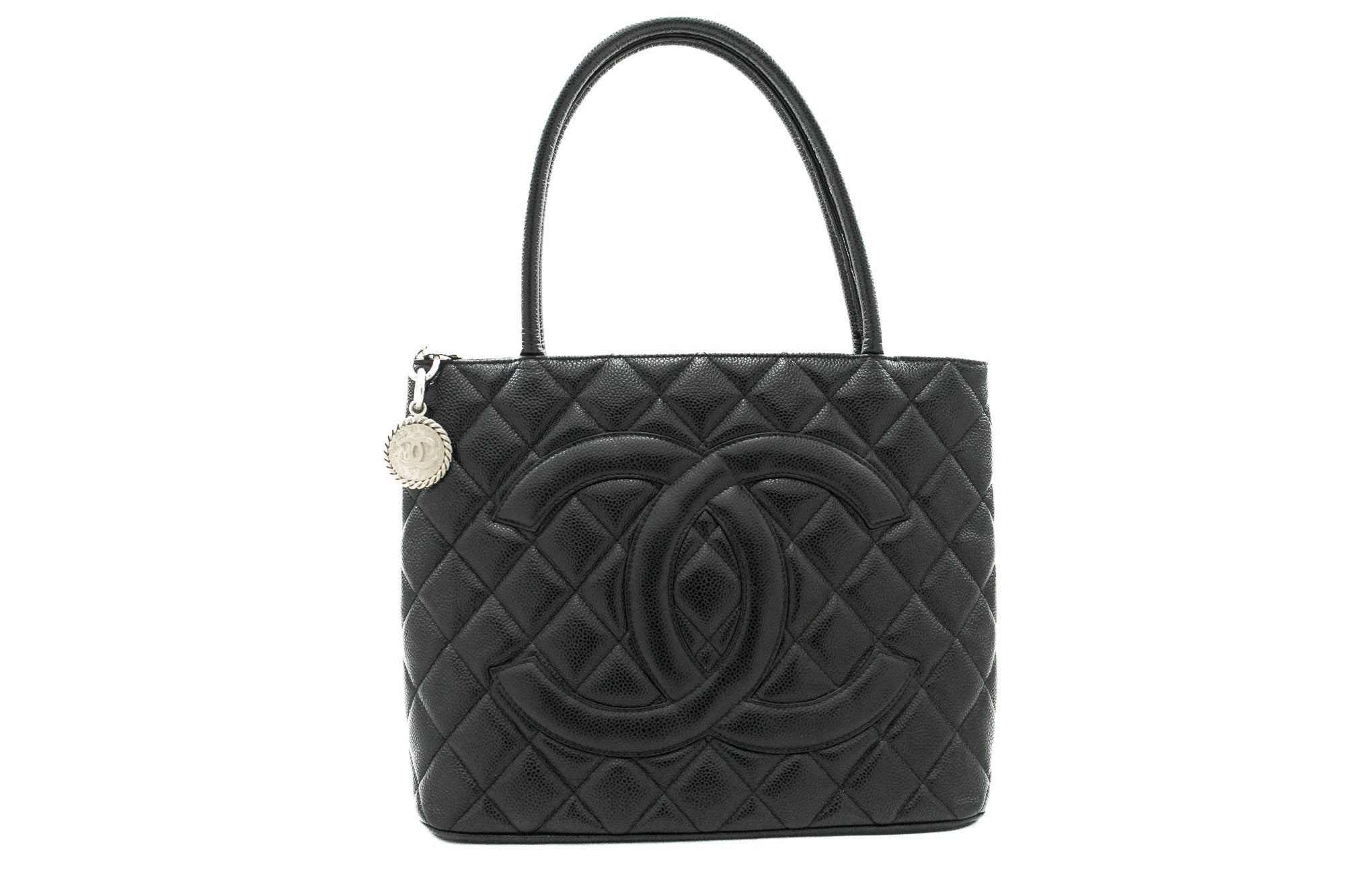 CHANEL Silver Medallion Caviar Shoulder Bag Grand Shopping Tote i75
