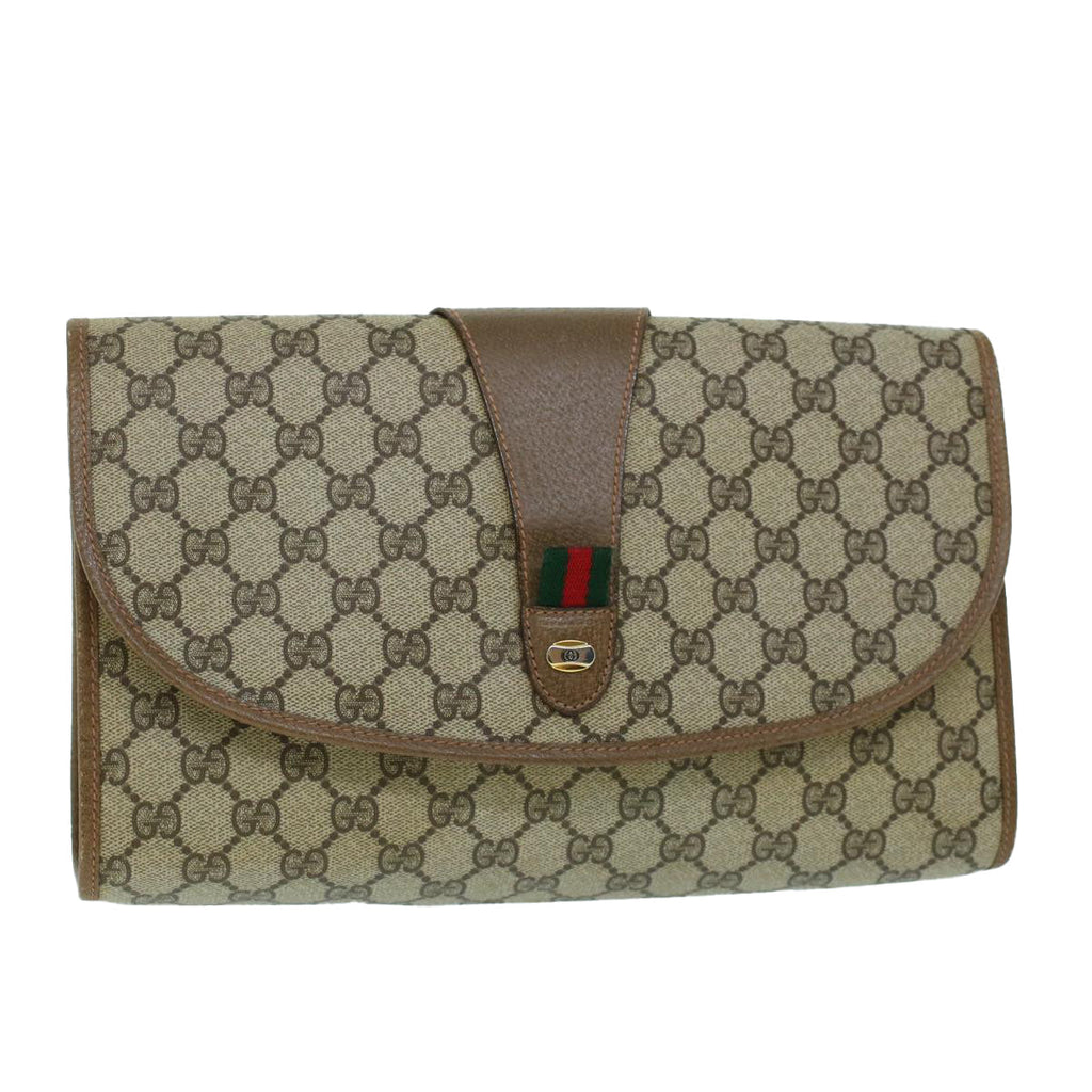 GUCCI GG Canvas Web Sherry Line Clutch Bag PVC Leather Beige Green 54001