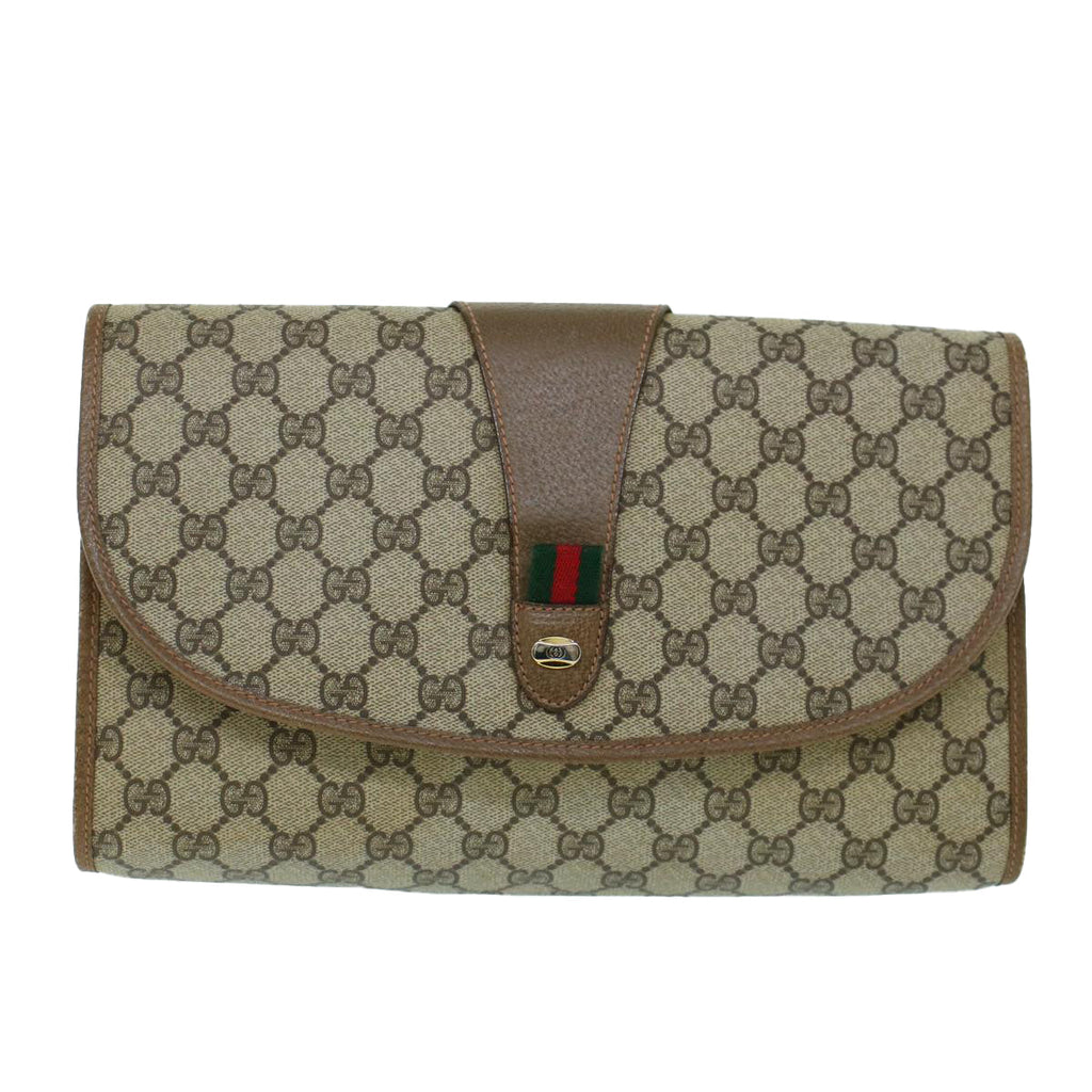 GUCCI GG Canvas Web Sherry Line Clutch Bag PVC Leather Beige Green 54001