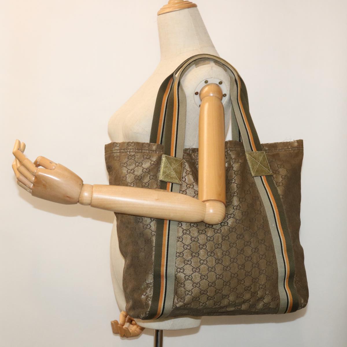 GUCCI GG Canvas Sherry Line Tote Bag Gold Gray khaki 189669 54019