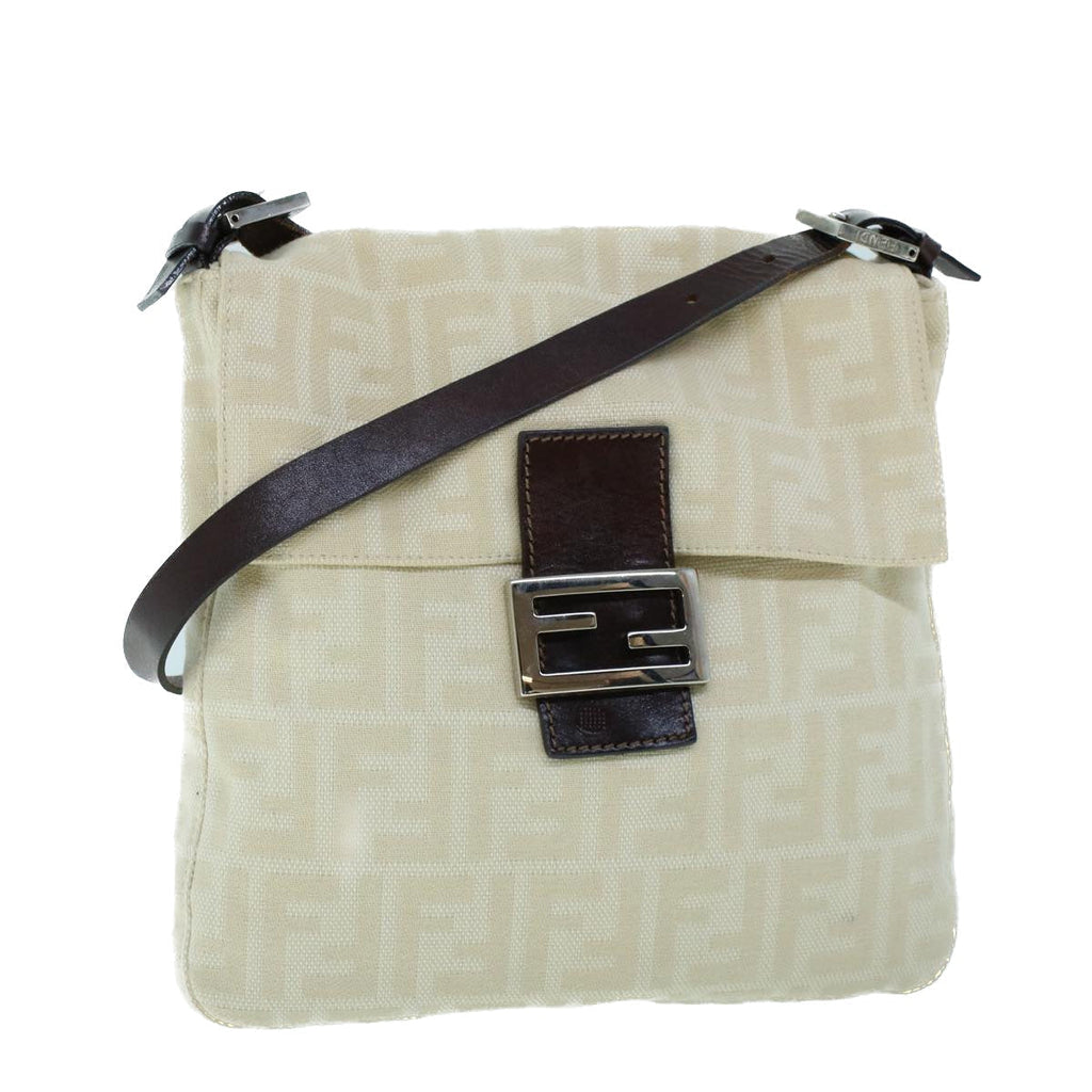 FENDI Mamma Baguette Shoulder Bag Canvas Leather Beige Brown 54030
