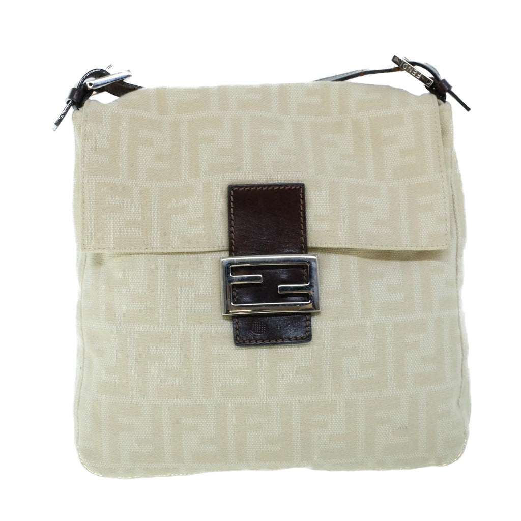 FENDI Mamma Baguette Shoulder Bag Canvas Leather Beige Brown 54030