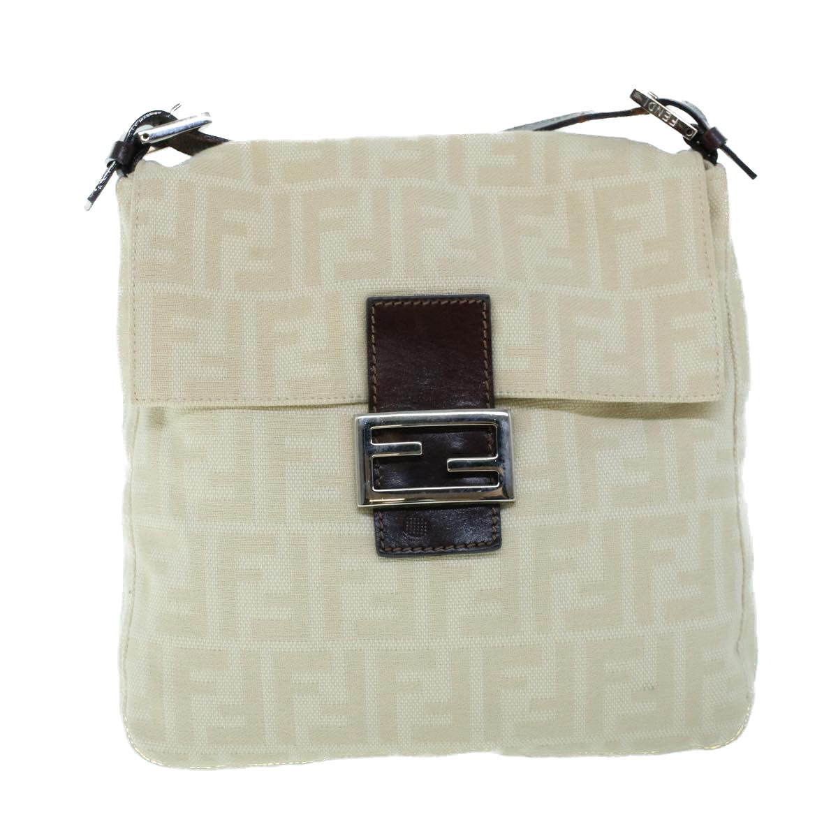 FENDI Mamma Baguette Shoulder Bag Canvas Leather Beige Brown 54030