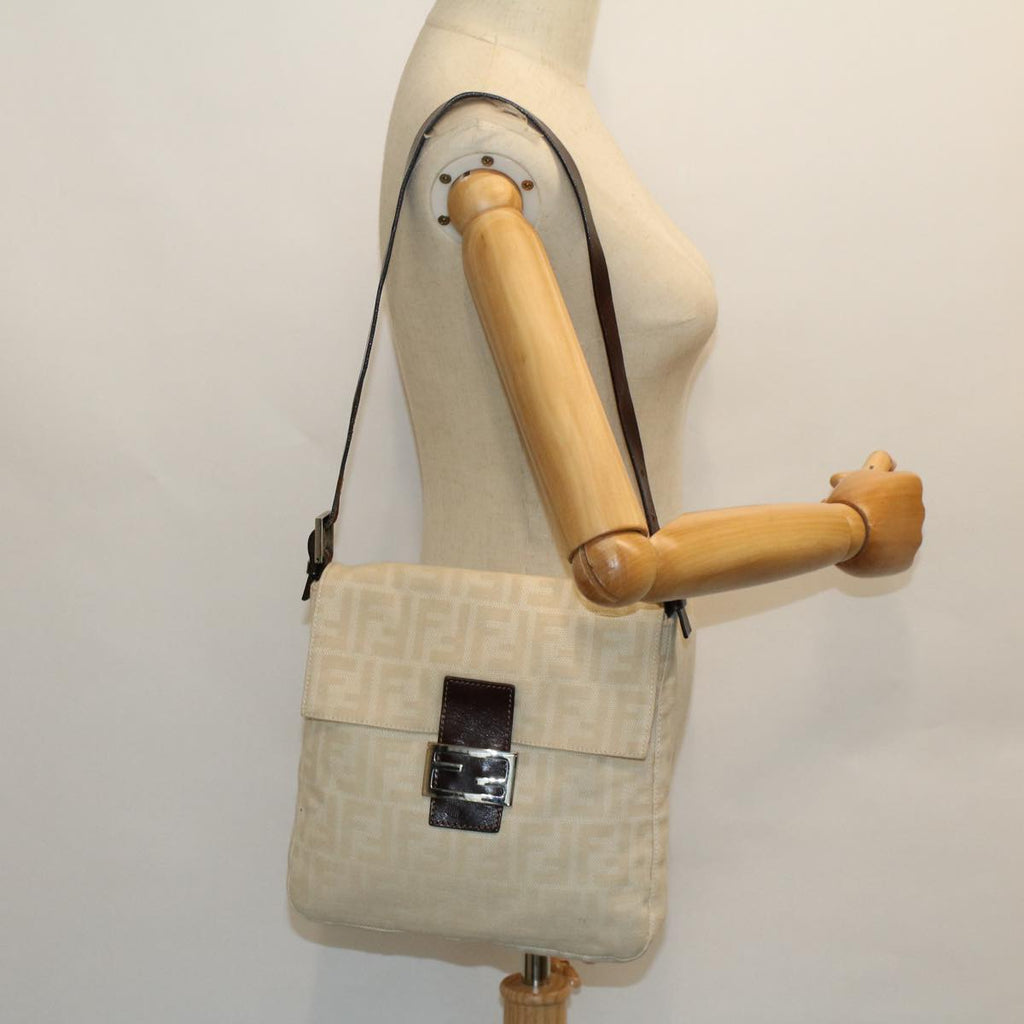 FENDI Mamma Baguette Shoulder Bag Canvas Leather Beige Brown 54030