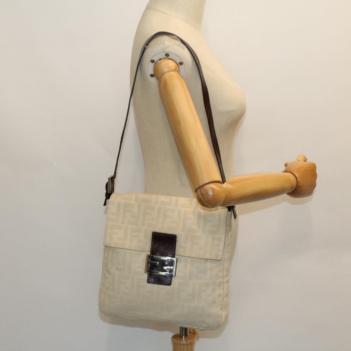 FENDI Mamma Baguette Shoulder Bag Canvas Leather Beige Brown 54030