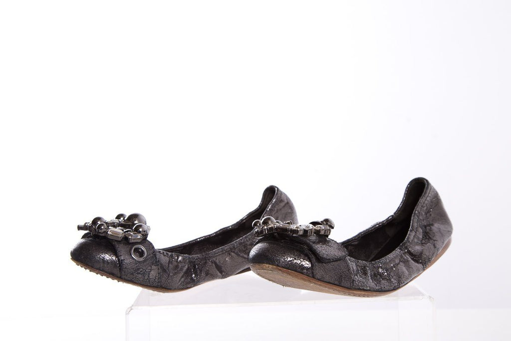 Miu Miu Metallic Grey Leather Crystal Embellishments Ballet Flats SZ 38.5