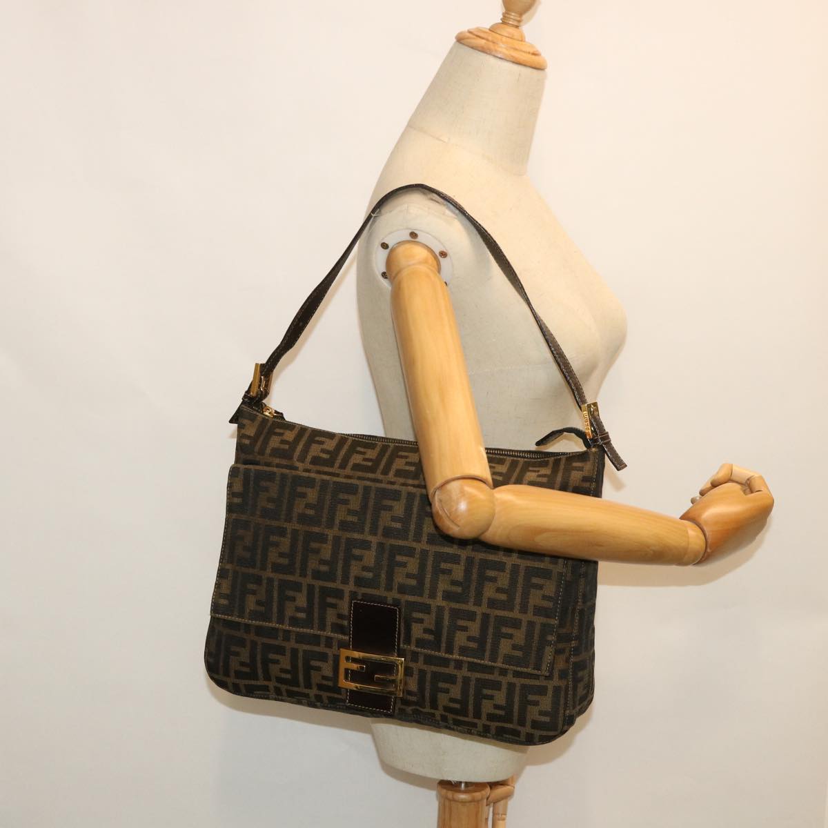 FENDI Zucca Canvas Mamma Baguette Shoulder Bag Black Brown 54169