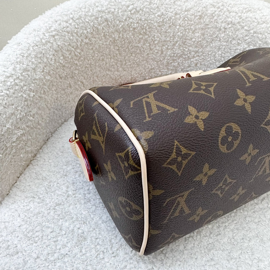 LV Speedy Bandouliere 20 in Monogram Canvas and Beige Patterned Strap
