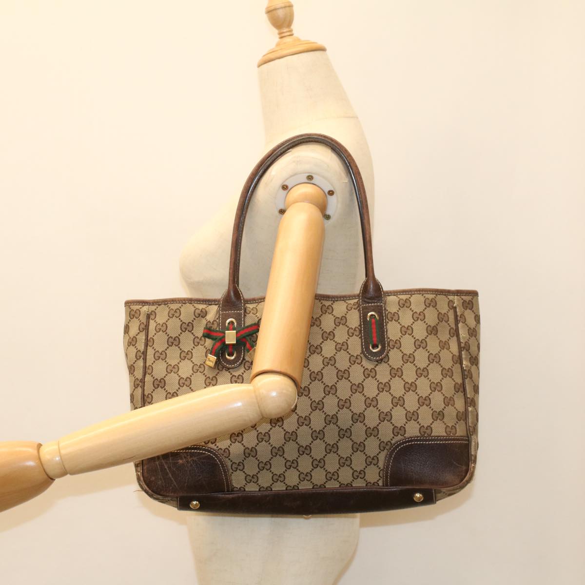 GUCCI GG Canvas Web Sherry Line Tote Bag Beige Red Green 163805 54330
