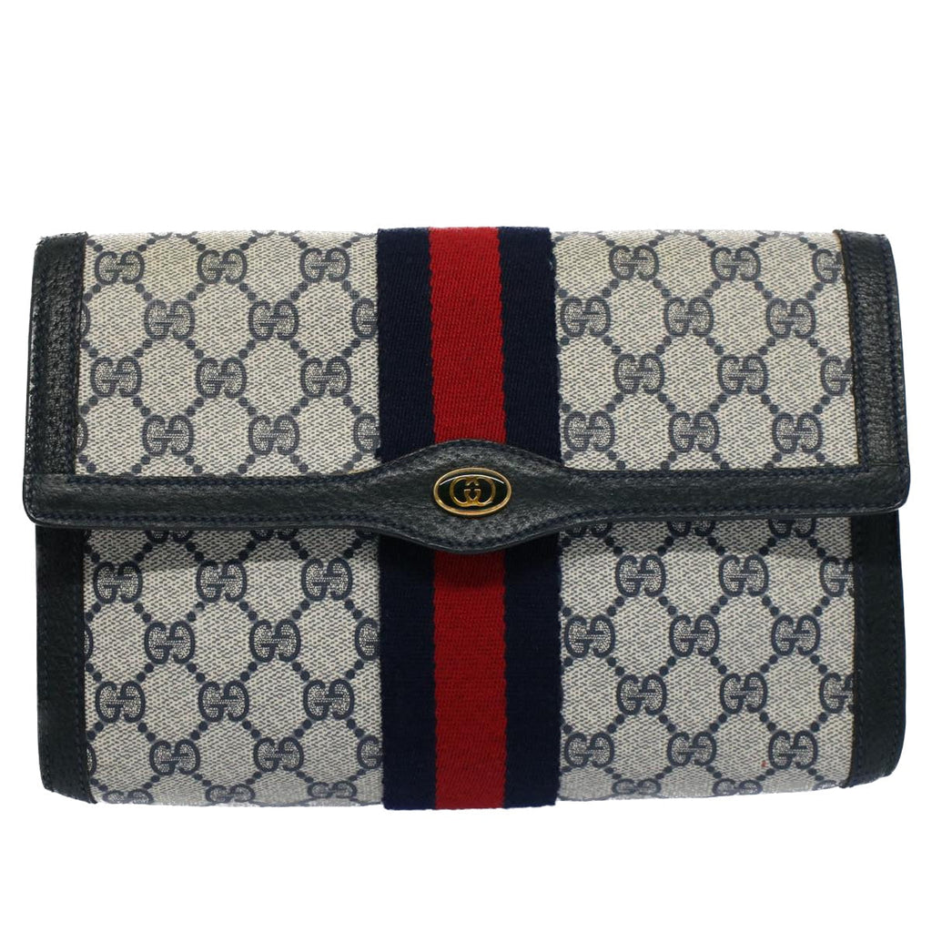 GUCCI GG Supreme Web Sherry Line Clutch Bag Navy Red 54338