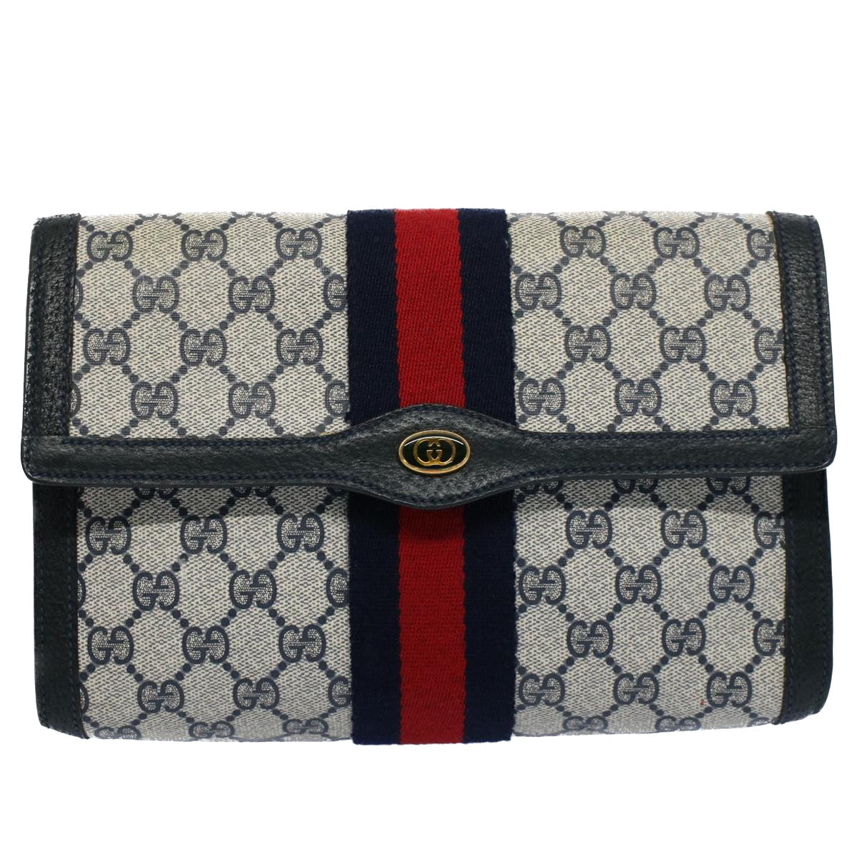GUCCI GG Supreme Web Sherry Line Clutch Bag Navy Red 54338