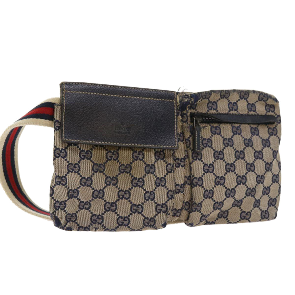 GUCCI GG Canvas Shoulder Bag Leather Gray Navy Red 54355