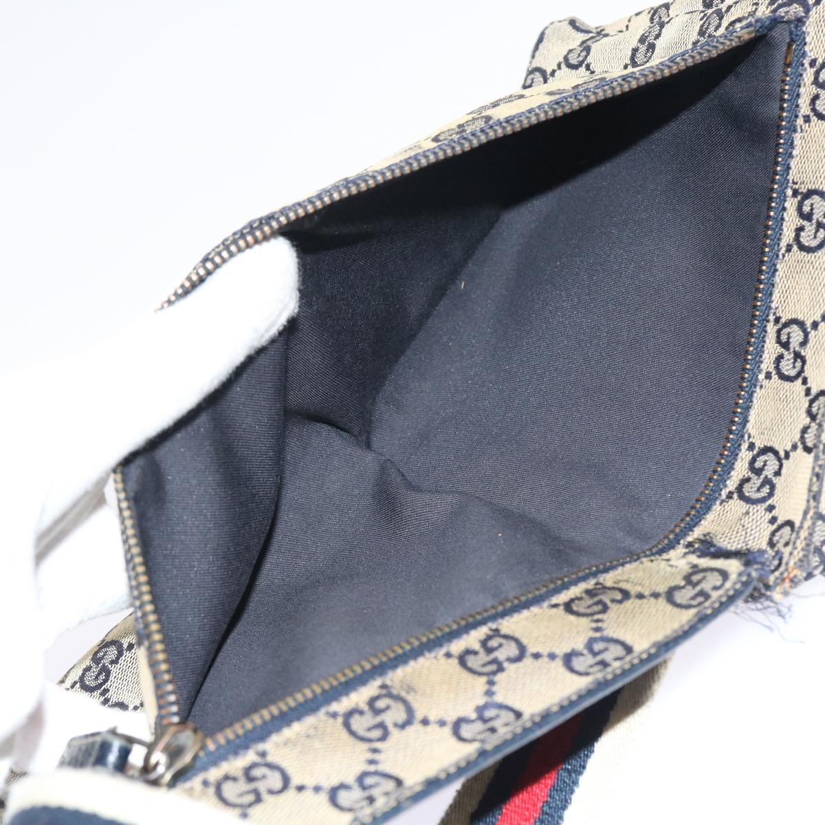 GUCCI GG Canvas Shoulder Bag Leather Gray Navy Red 54355