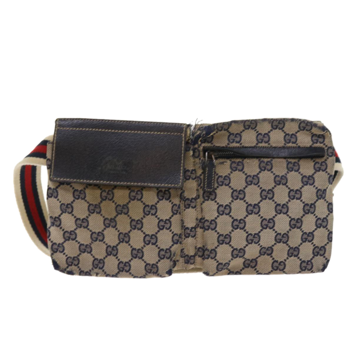 GUCCI GG Canvas Shoulder Bag Leather Gray Navy Red 54355