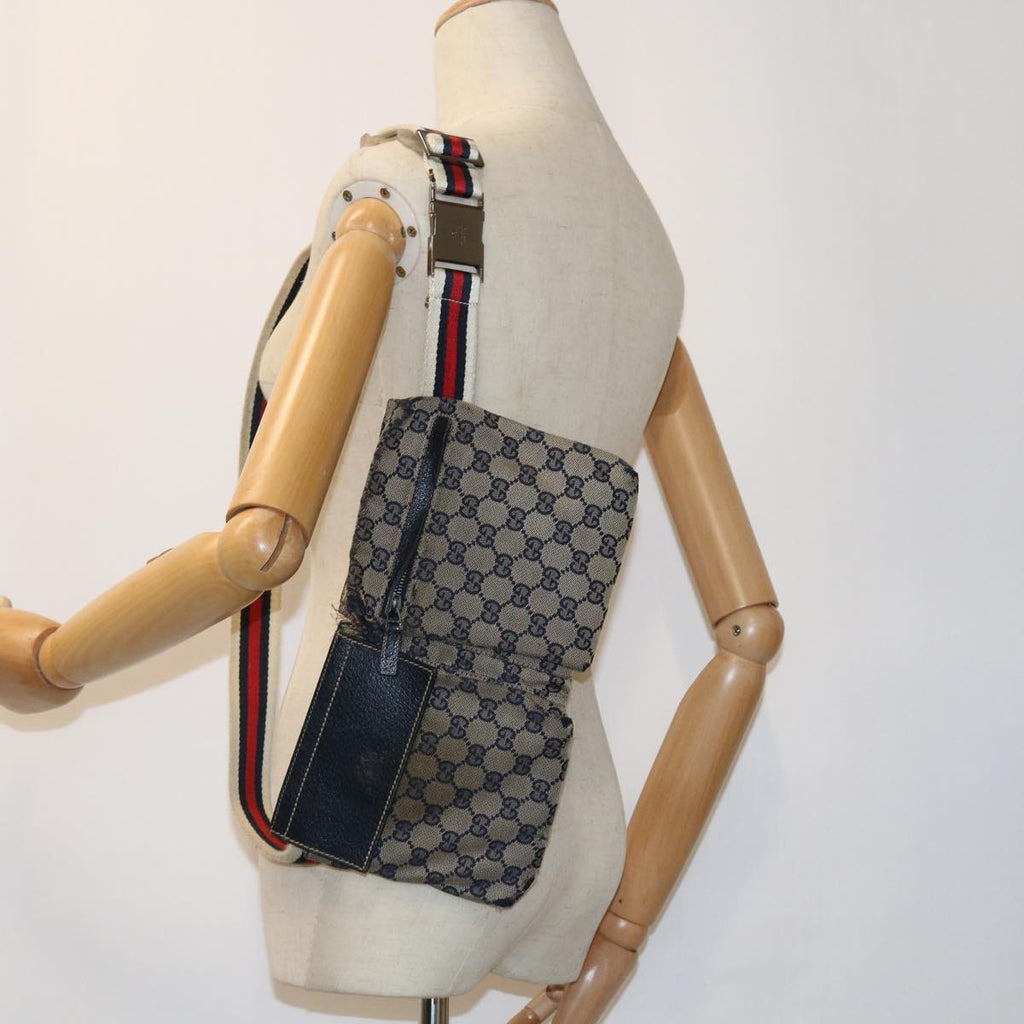 GUCCI GG Canvas Shoulder Bag Leather Gray Navy Red 54355