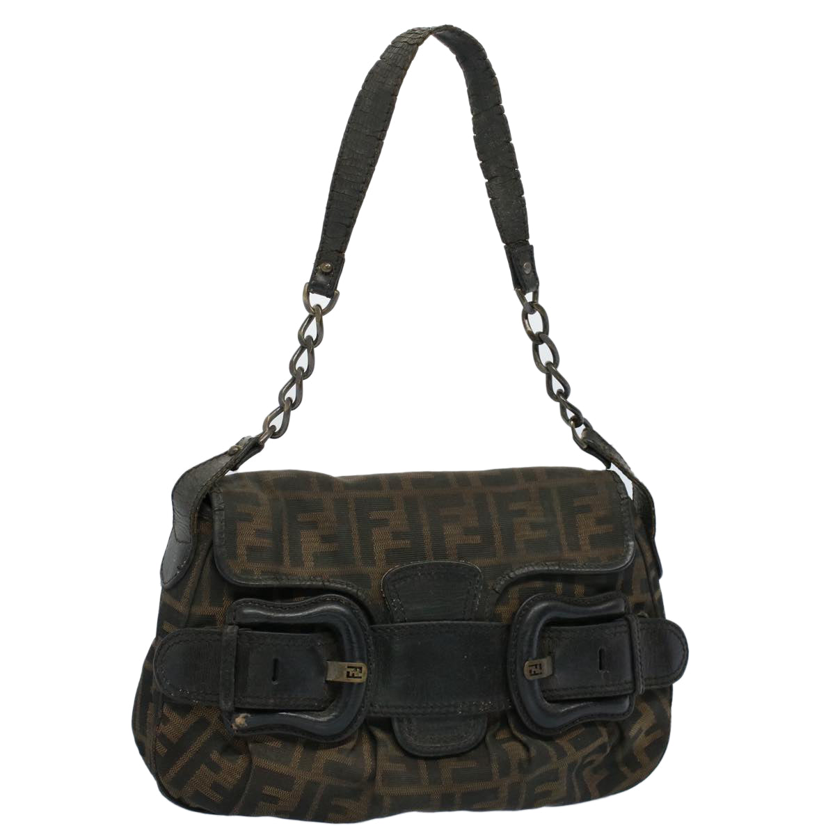 FENDI Shoulder Bag Zucca Canvas Brown Black 54362