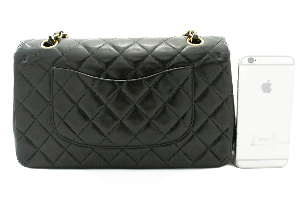 CHANEL Classic Double Flap 10" Chain Shoulder Bag Black Lambskin k39