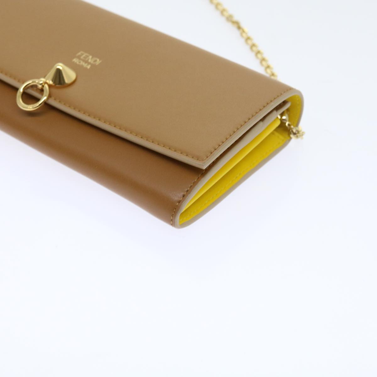 FENDI Chain Shoulder Long Wallet Leather Yellow Brown 54537