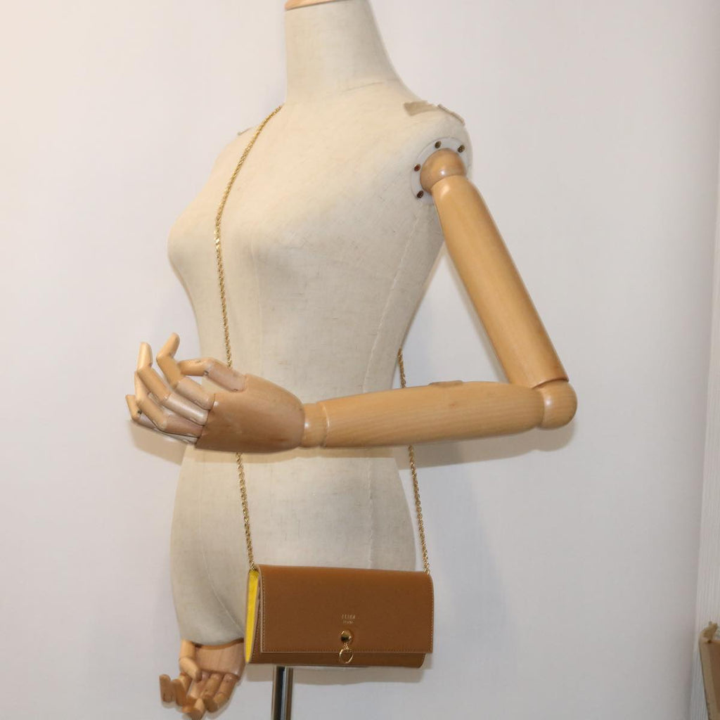 FENDI Chain Shoulder Long Wallet Leather Yellow Brown 54537