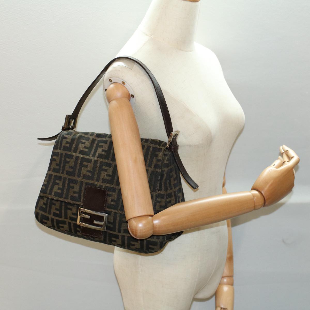 FENDI Zucca Canvas Mamma Baguette Shoulder Bag Black Brown 54707