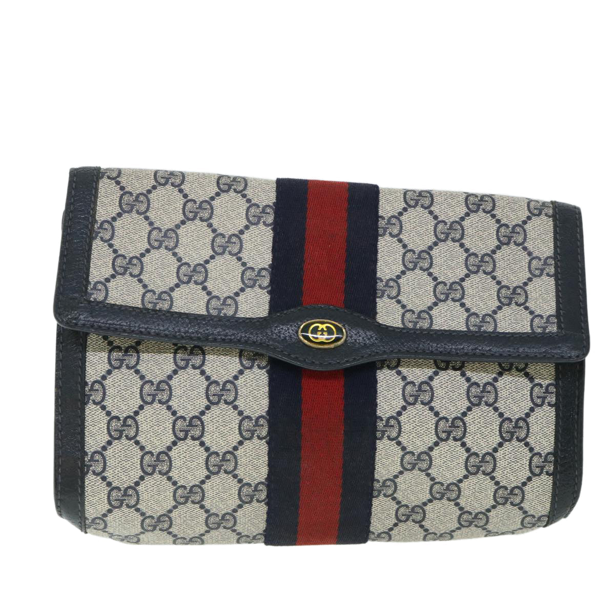 GUCCI GG Canvas Sherry Line Clutch Bag PVC Leather Navy Red 54774