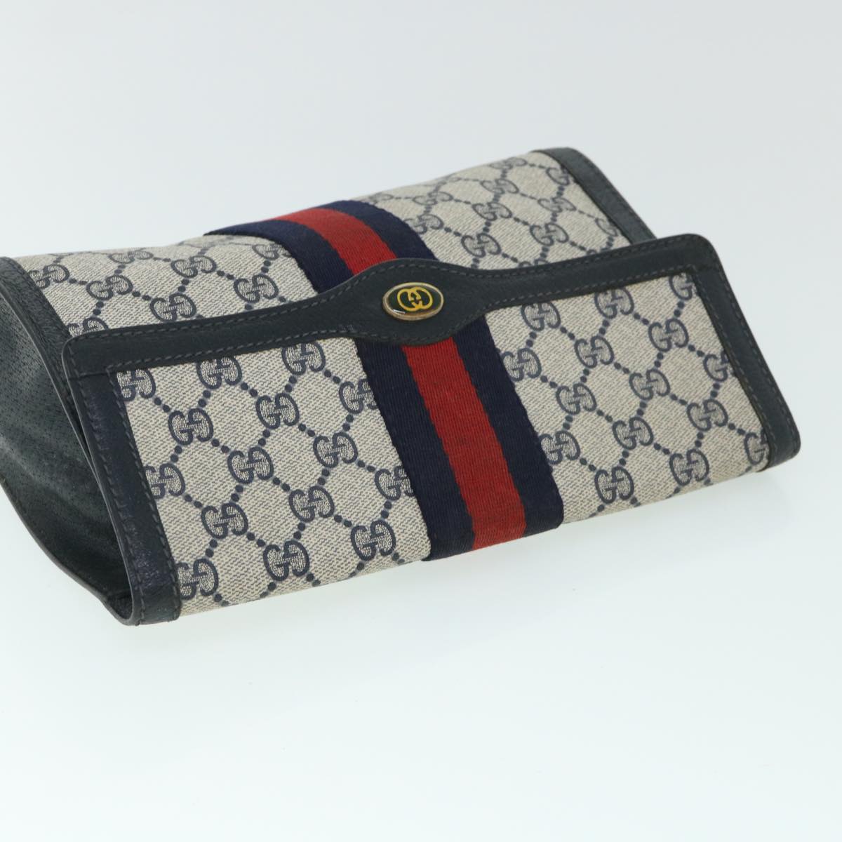GUCCI GG Canvas Sherry Line Clutch Bag PVC Leather Navy Red 54774