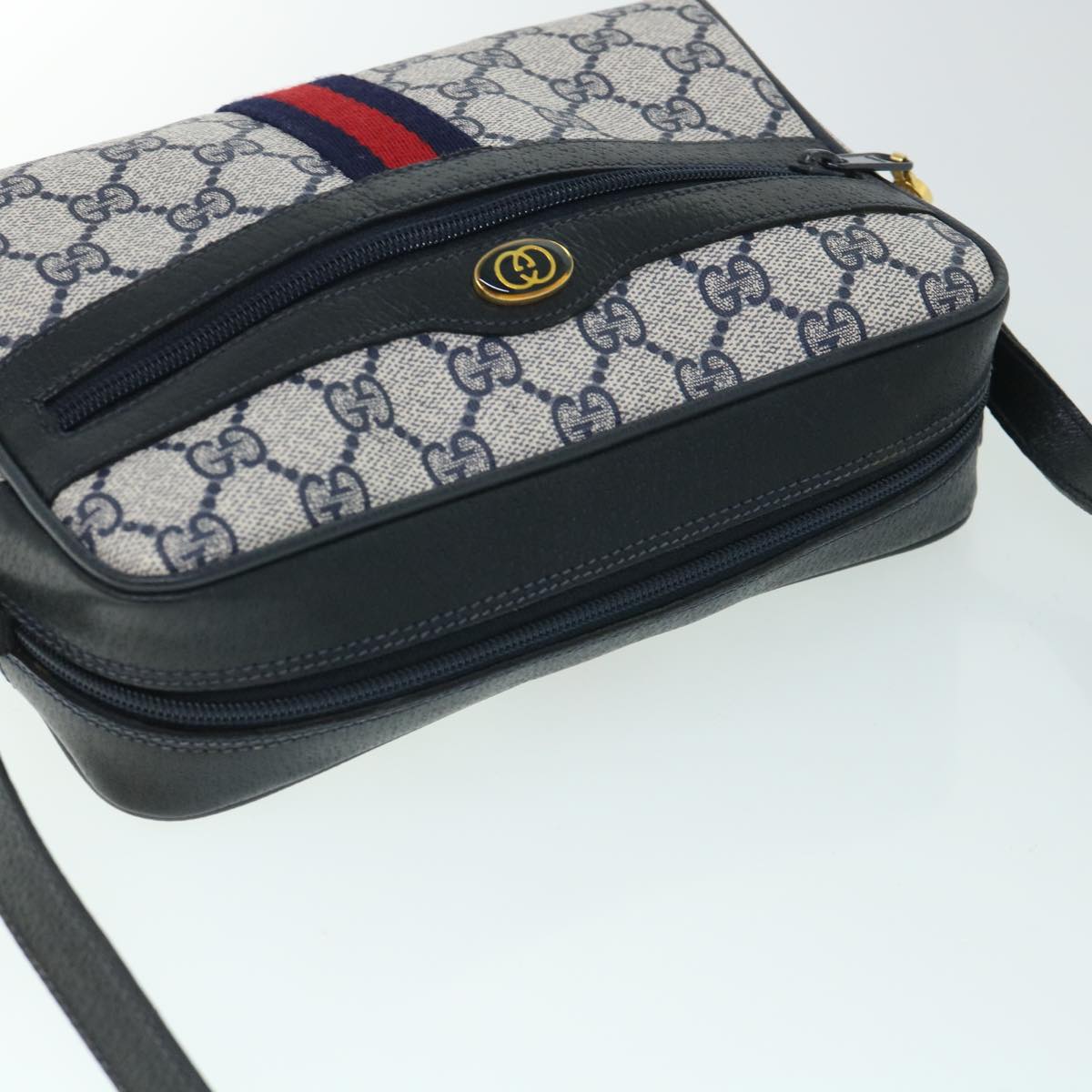 GUCCI GG Canvas Sherry Line Shoulder Bag PVC Leather Gray Red Navy 54775