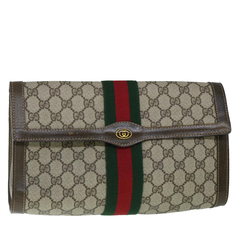 GUCCI GG Canvas Web Sherry Line Clutch Bag PVC Leather Beige Green 54779
