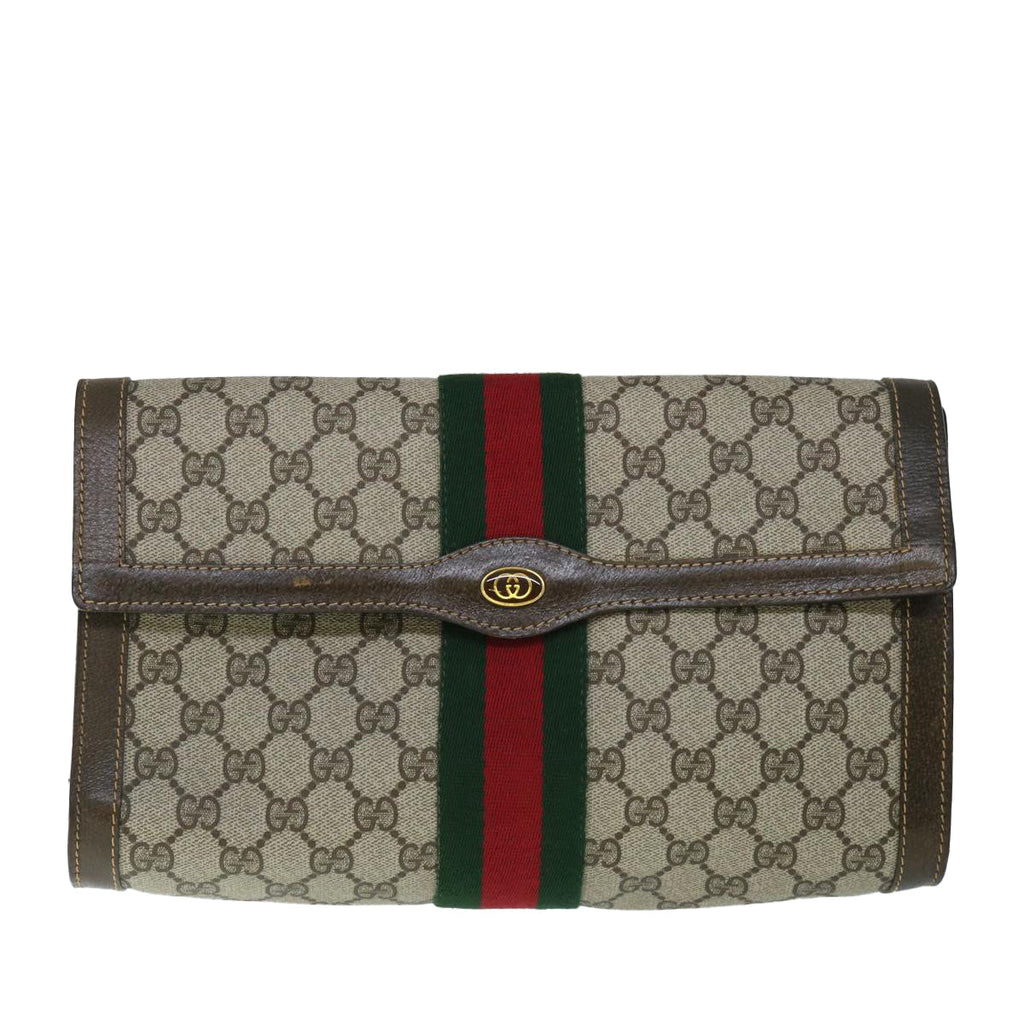 GUCCI GG Canvas Web Sherry Line Clutch Bag PVC Leather Beige Green 54779
