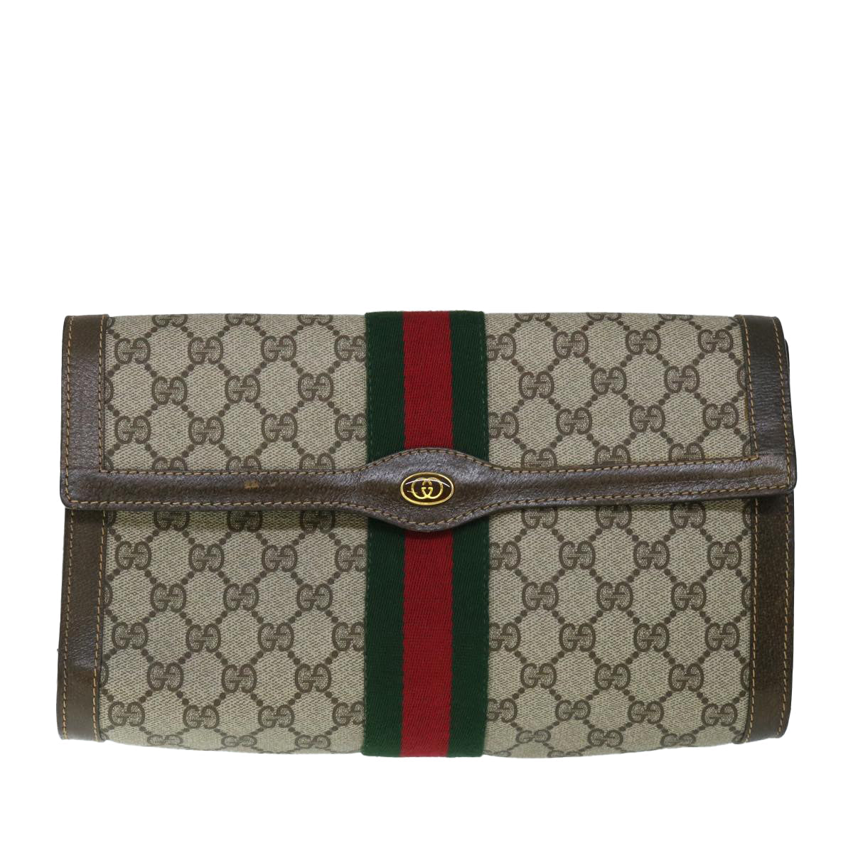 GUCCI GG Canvas Web Sherry Line Clutch Bag PVC Leather Beige Green 54779
