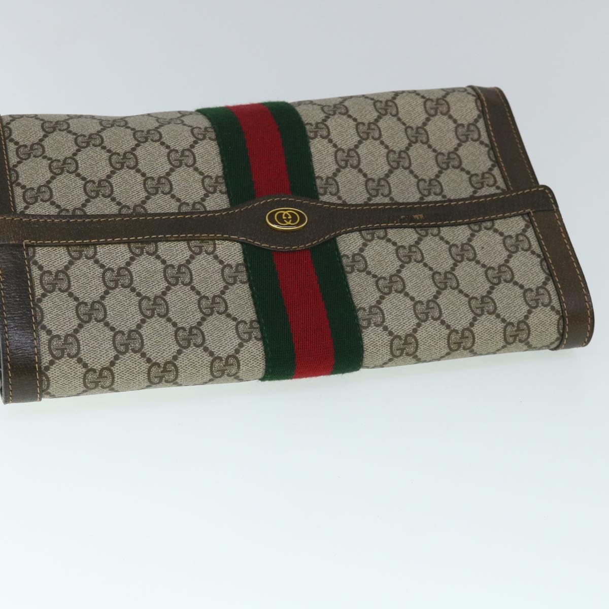 GUCCI GG Canvas Web Sherry Line Clutch Bag PVC Leather Beige Green 54779