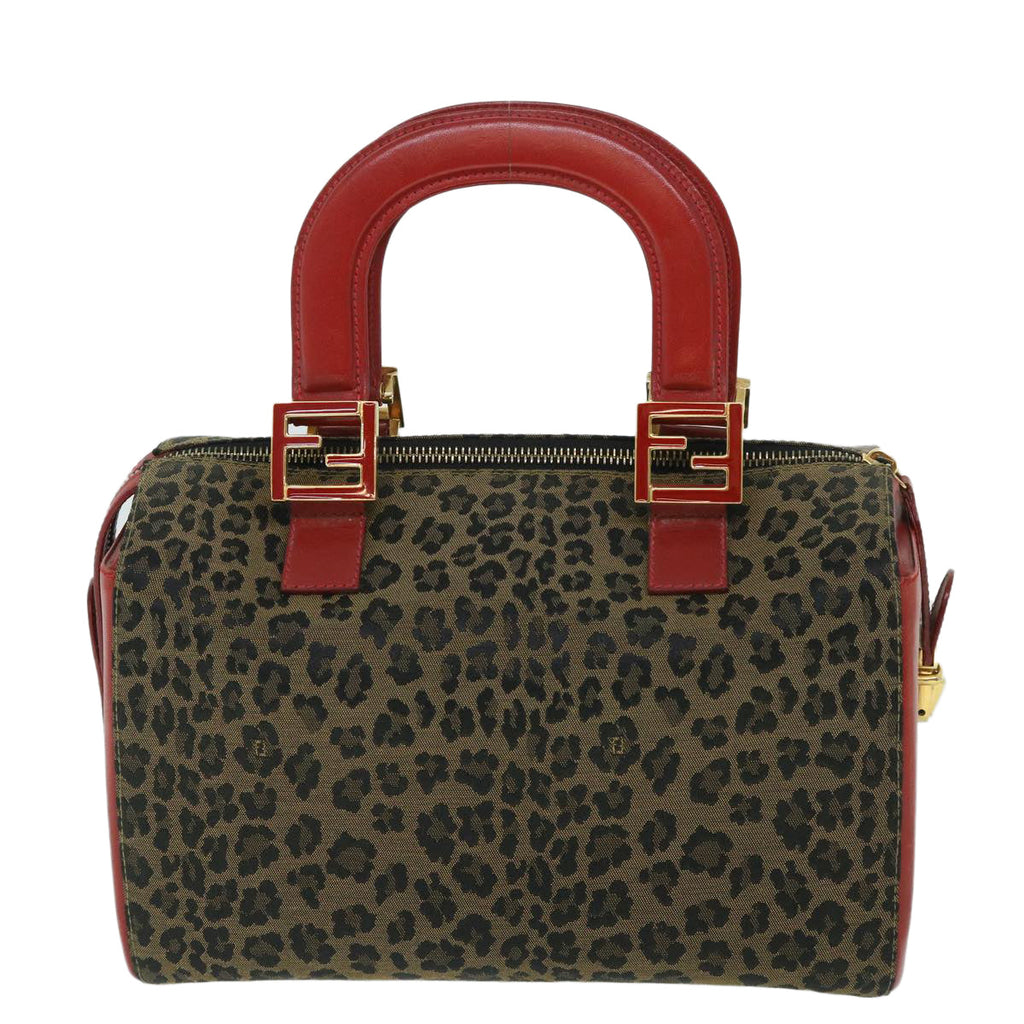 FENDI Leopard Boston Bag Canvas Brown 54817