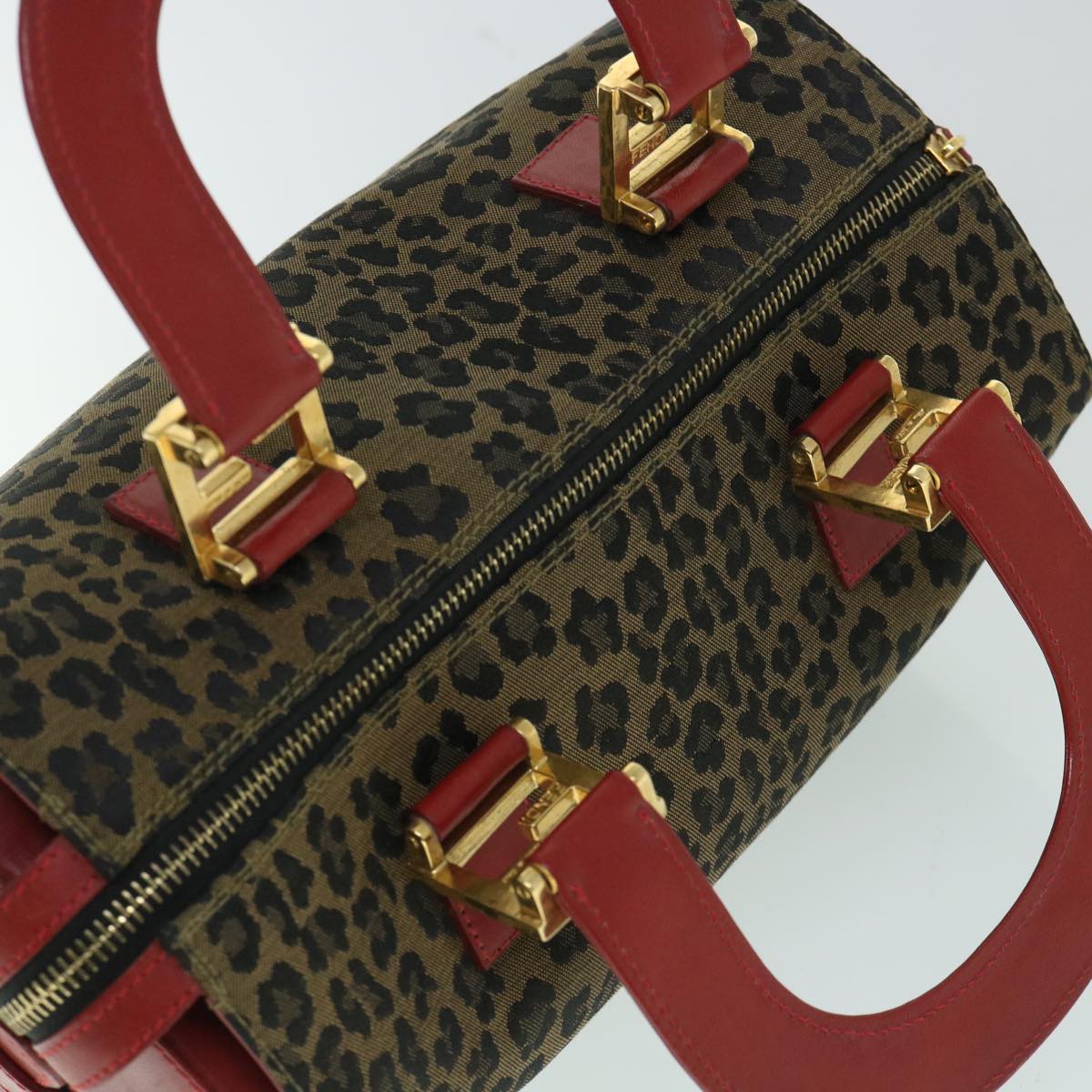 FENDI Leopard Boston Bag Canvas Brown 54817