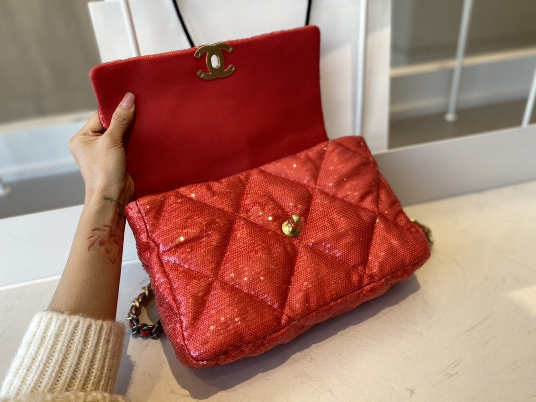 CHL 19 Flap Bag Gold Hardware Red For Women, Women’s Handbags, Shoulder Bags 10.2in/26cm AS1160 