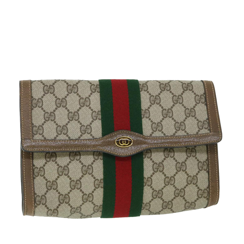 GUCCI GG Canvas Web Sherry Line Clutch Bag PVC Leather Beige Green 54834