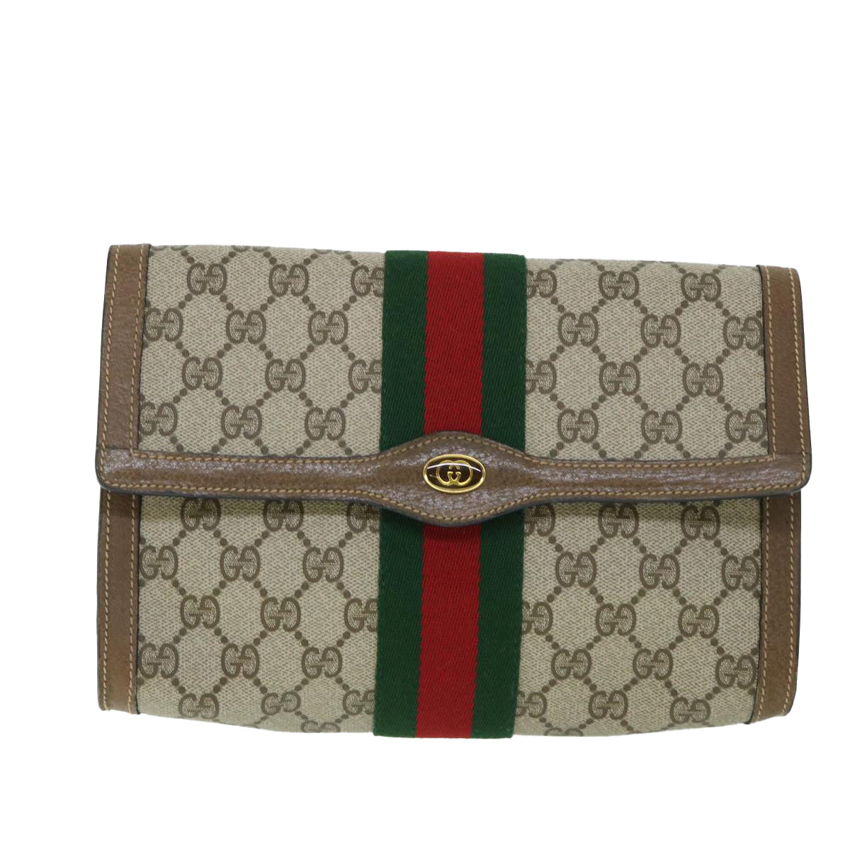 GUCCI GG Canvas Web Sherry Line Clutch Bag PVC Leather Beige Green 54834