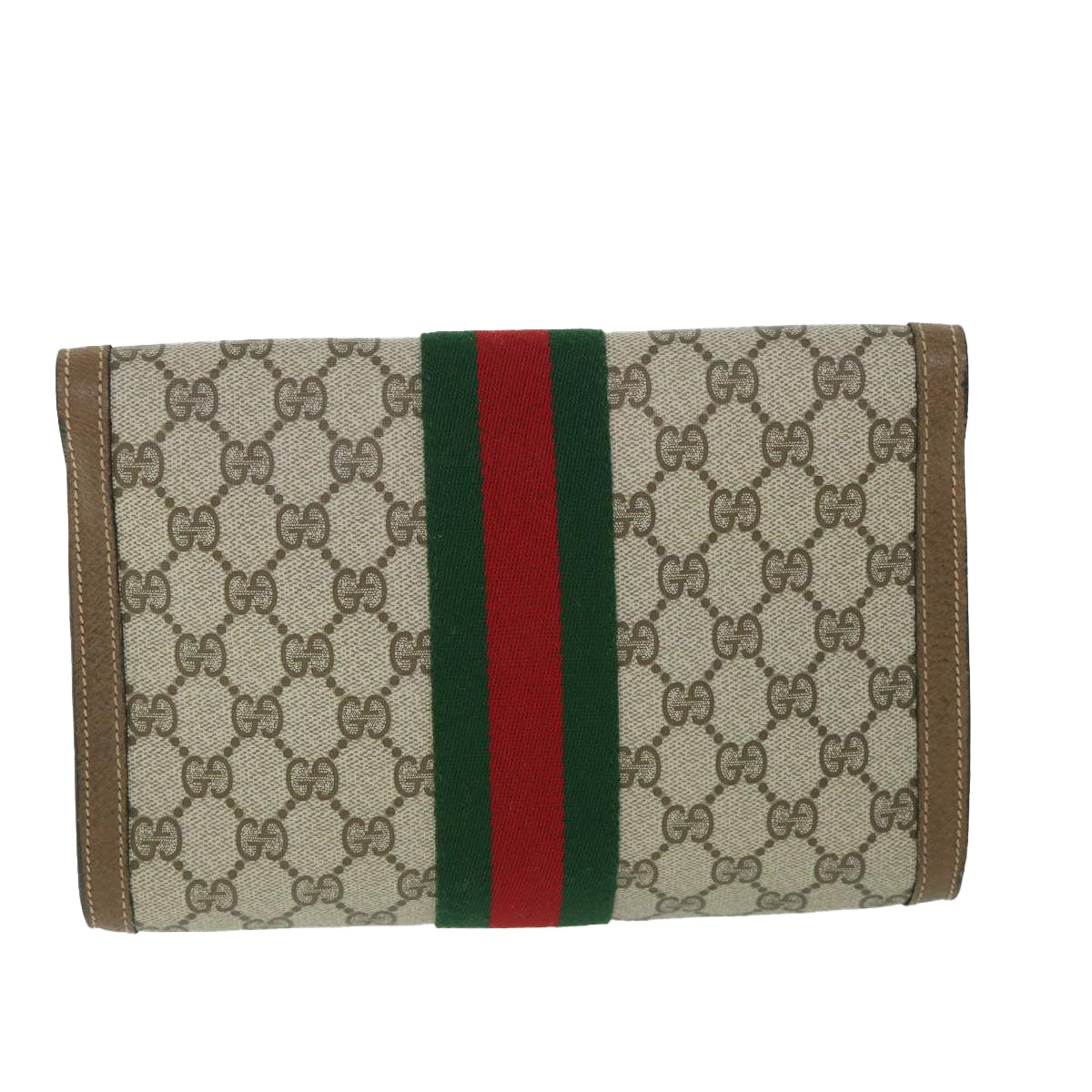 GUCCI GG Canvas Web Sherry Line Clutch Bag PVC Leather Beige Green 54834