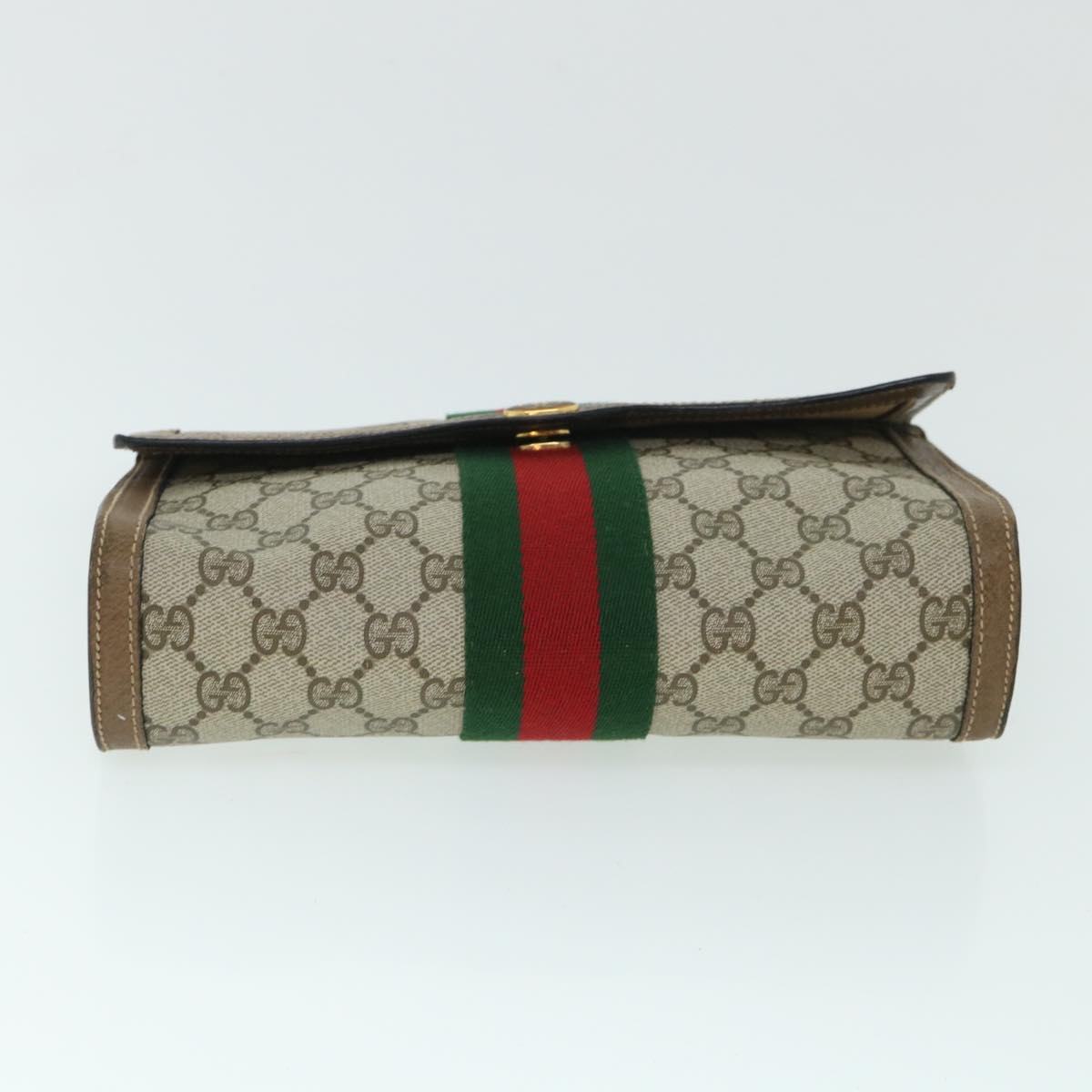 GUCCI GG Canvas Web Sherry Line Clutch Bag PVC Leather Beige Green 54834
