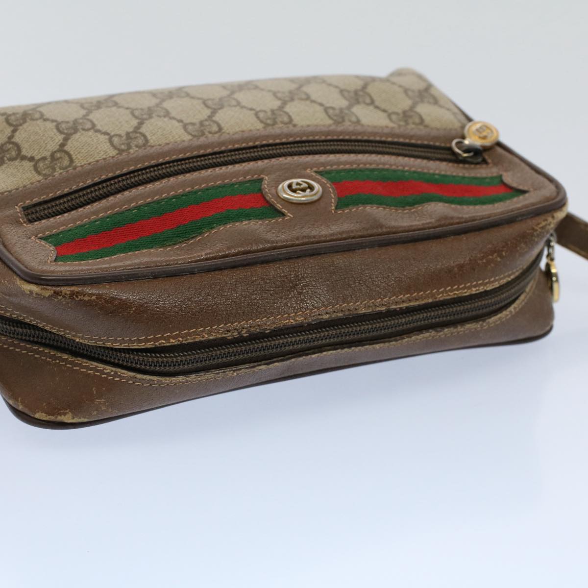GUCCI GG Canvas Web Sherry Line Shoulder Bag PVC Leather Beige Green 54875