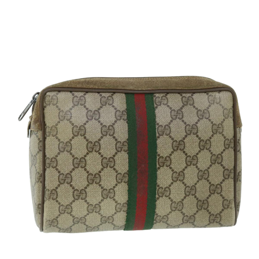 GUCCI GG Canvas Web Sherry Line Clutch Bag PVC Leather Beige Green 54882