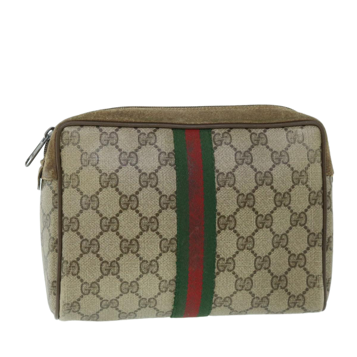 GUCCI GG Canvas Web Sherry Line Clutch Bag PVC Leather Beige Green 54882