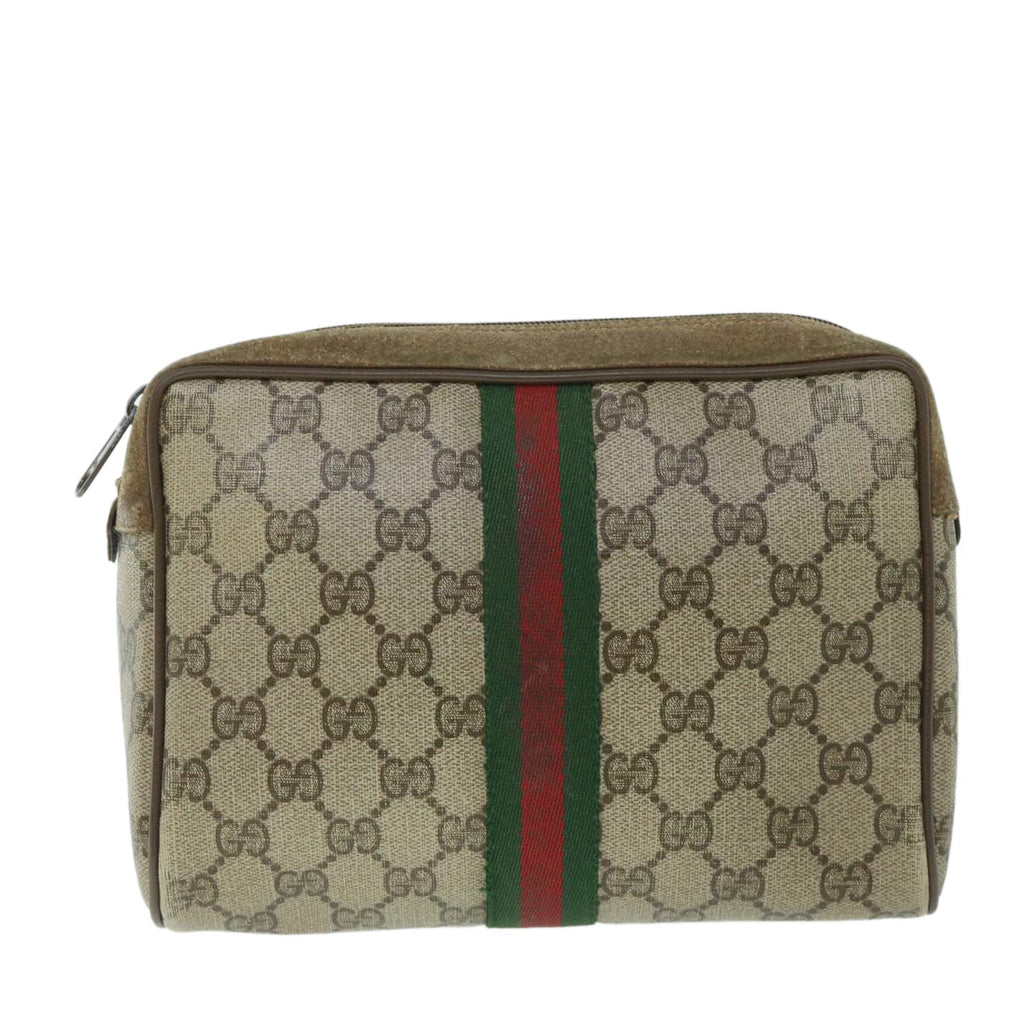 GUCCI GG Canvas Web Sherry Line Clutch Bag PVC Leather Beige Green 54882