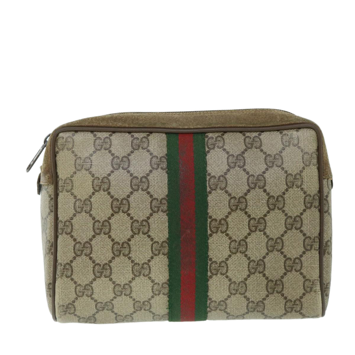 GUCCI GG Canvas Web Sherry Line Clutch Bag PVC Leather Beige Green 54882