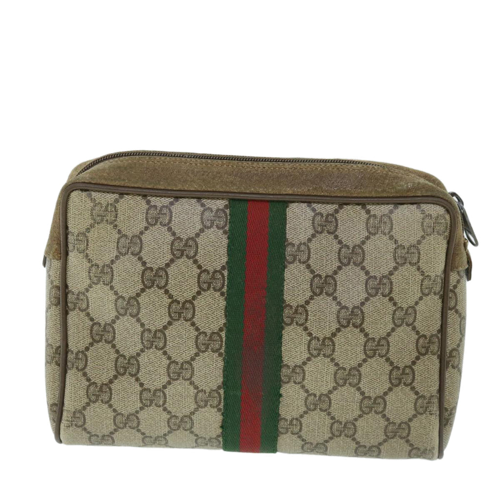 GUCCI GG Canvas Web Sherry Line Clutch Bag PVC Leather Beige Green 54882
