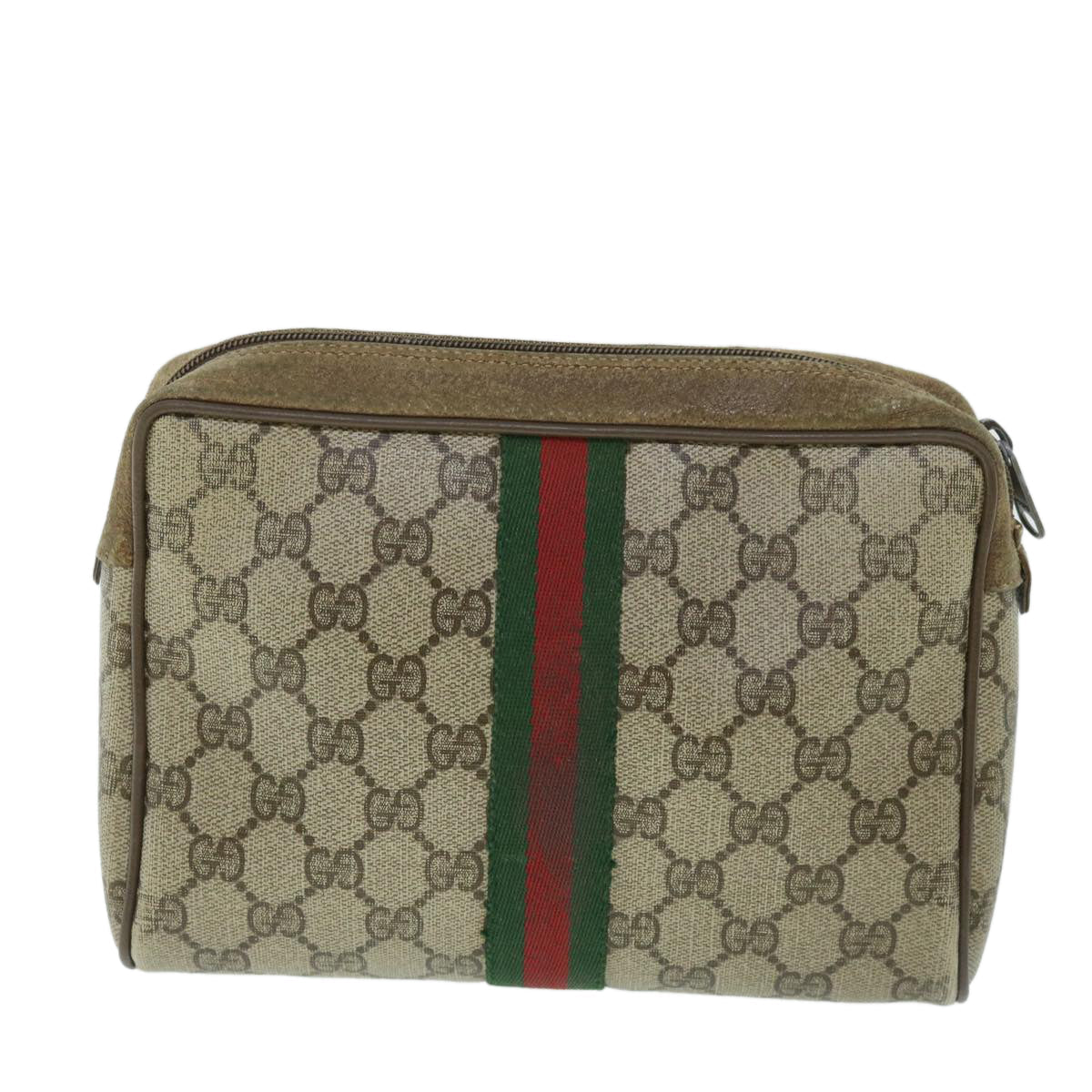 GUCCI GG Canvas Web Sherry Line Clutch Bag PVC Leather Beige Green 54882