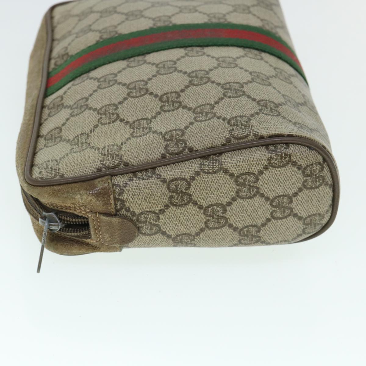 GUCCI GG Canvas Web Sherry Line Clutch Bag PVC Leather Beige Green 54882