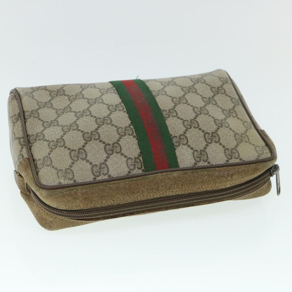 GUCCI GG Canvas Web Sherry Line Clutch Bag PVC Leather Beige Green 54882