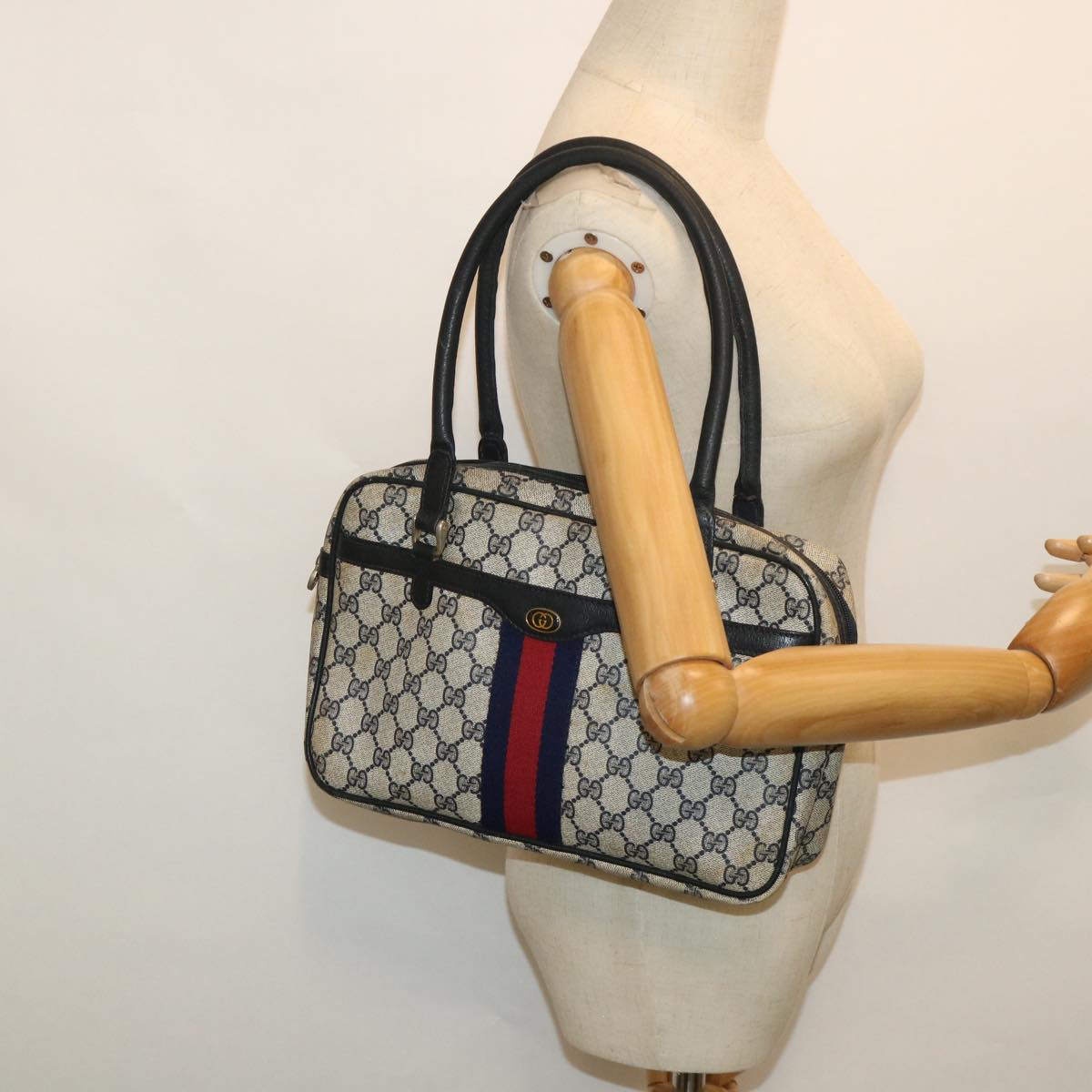 GUCCI GG Canvas Sherry Line Hand Bag PVC Leather Navy Red 54884