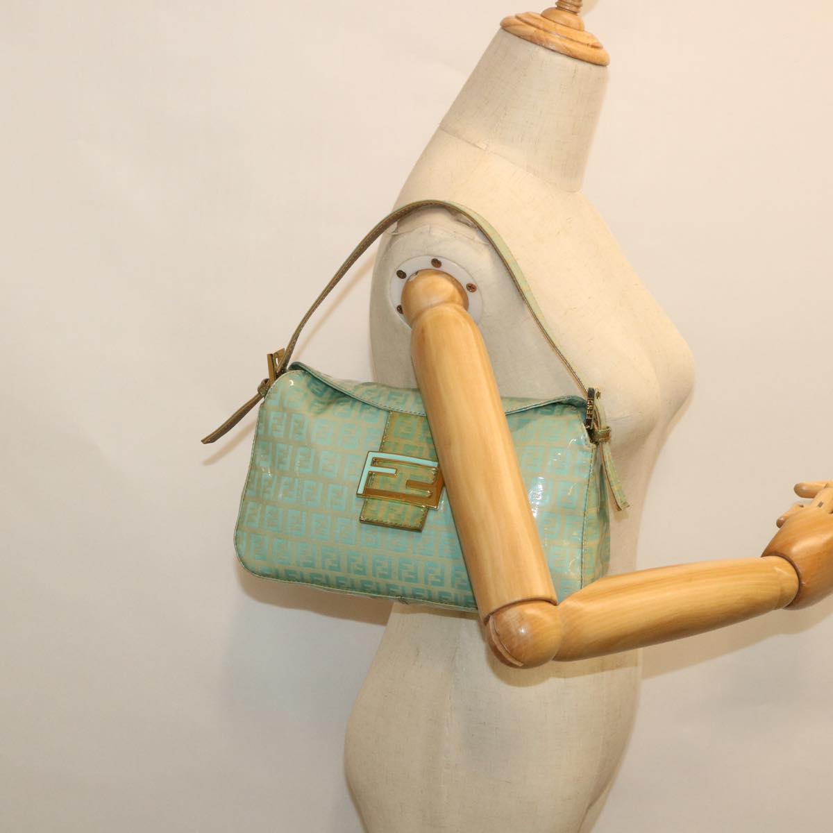 FENDI Zucchino Canvas Mamma Baguette Shoulder Bag Coated Canvas Blue 54889