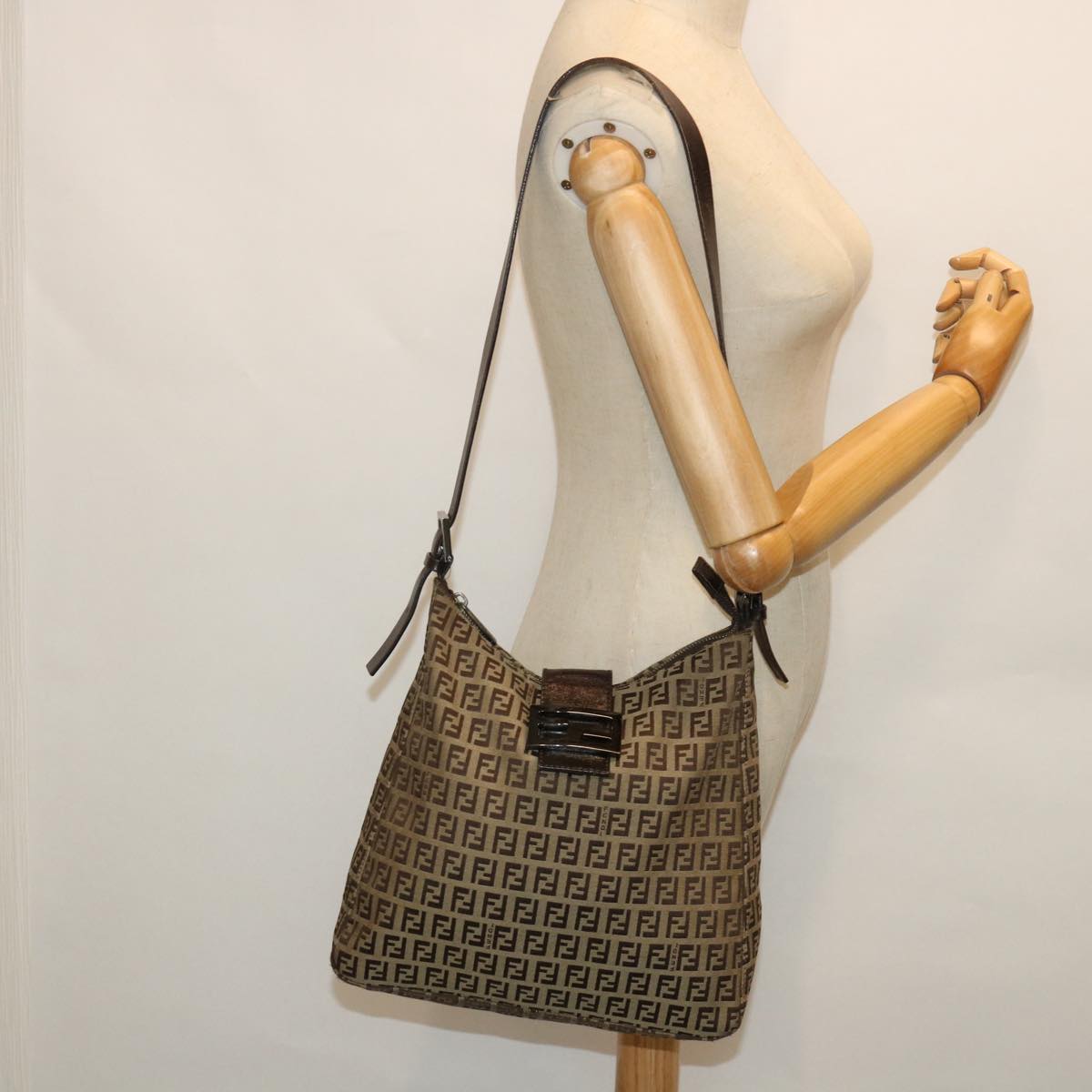 FENDI Zucchino Canvas Mamma Baguette Shoulder Bag Brown 54964